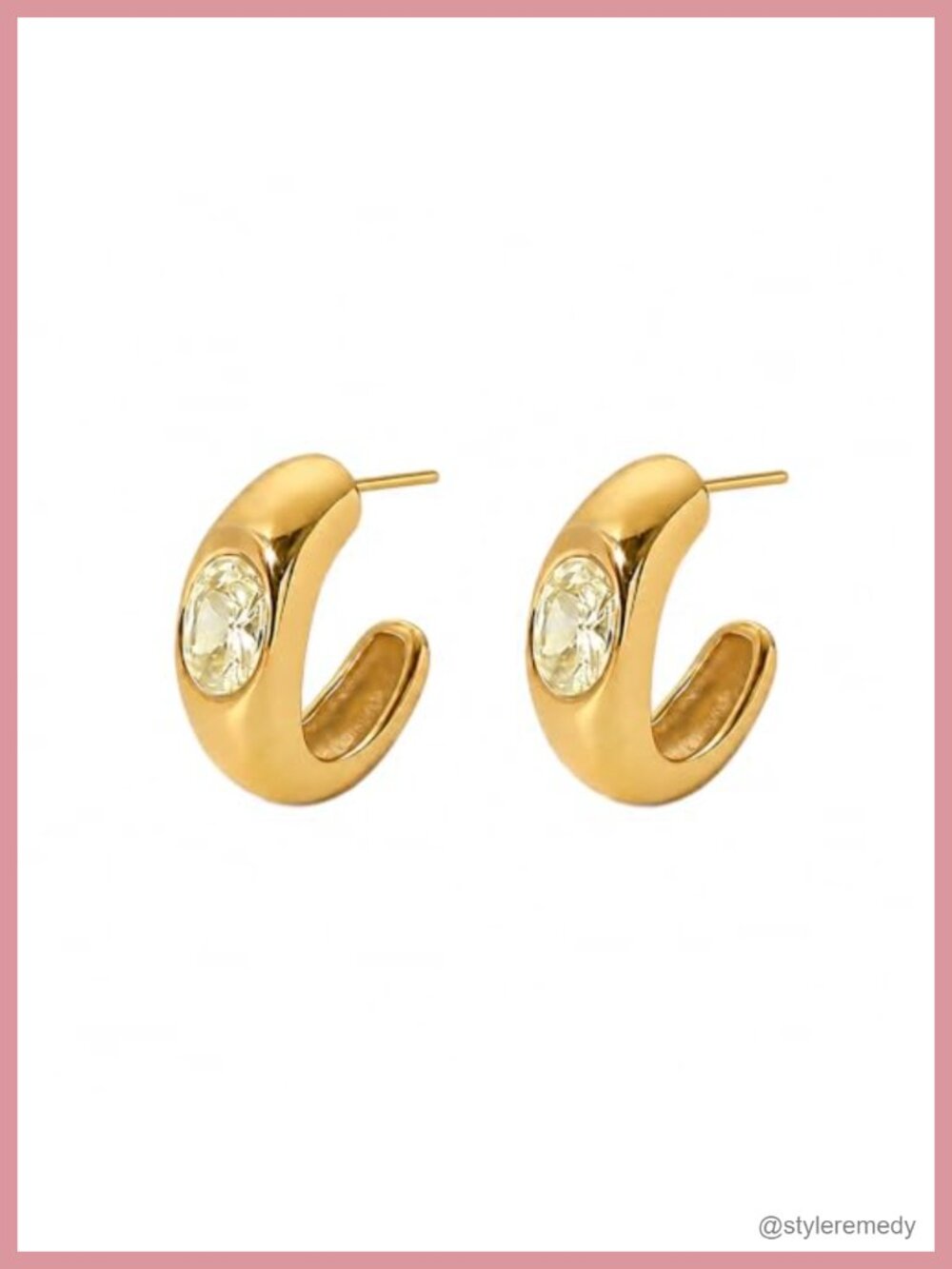 Chunky Hoop Earrings 18k Gold Finish CZ Lemon Stone Bold Statement